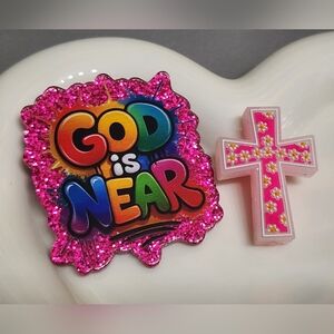 Flatback Cross Bead Religious God Is Near Badge Crafts Keychain Magnet Acrylic